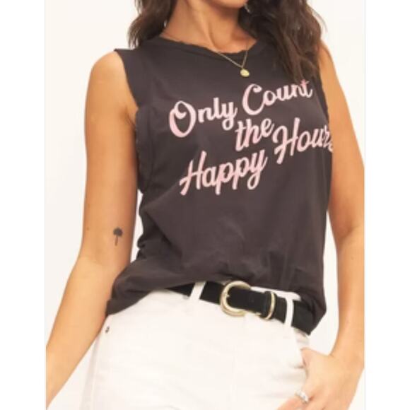 Project Social T Only Count the Happy Hours Graphic Tank Top Brown Women's L NWT - Picture 1 of 8